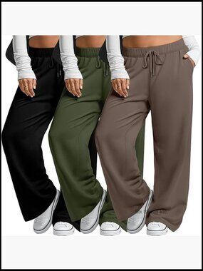 Plus Size Wide Leg Lounge Pants with Pockets Drawstring Yoga Pants 3 Pack